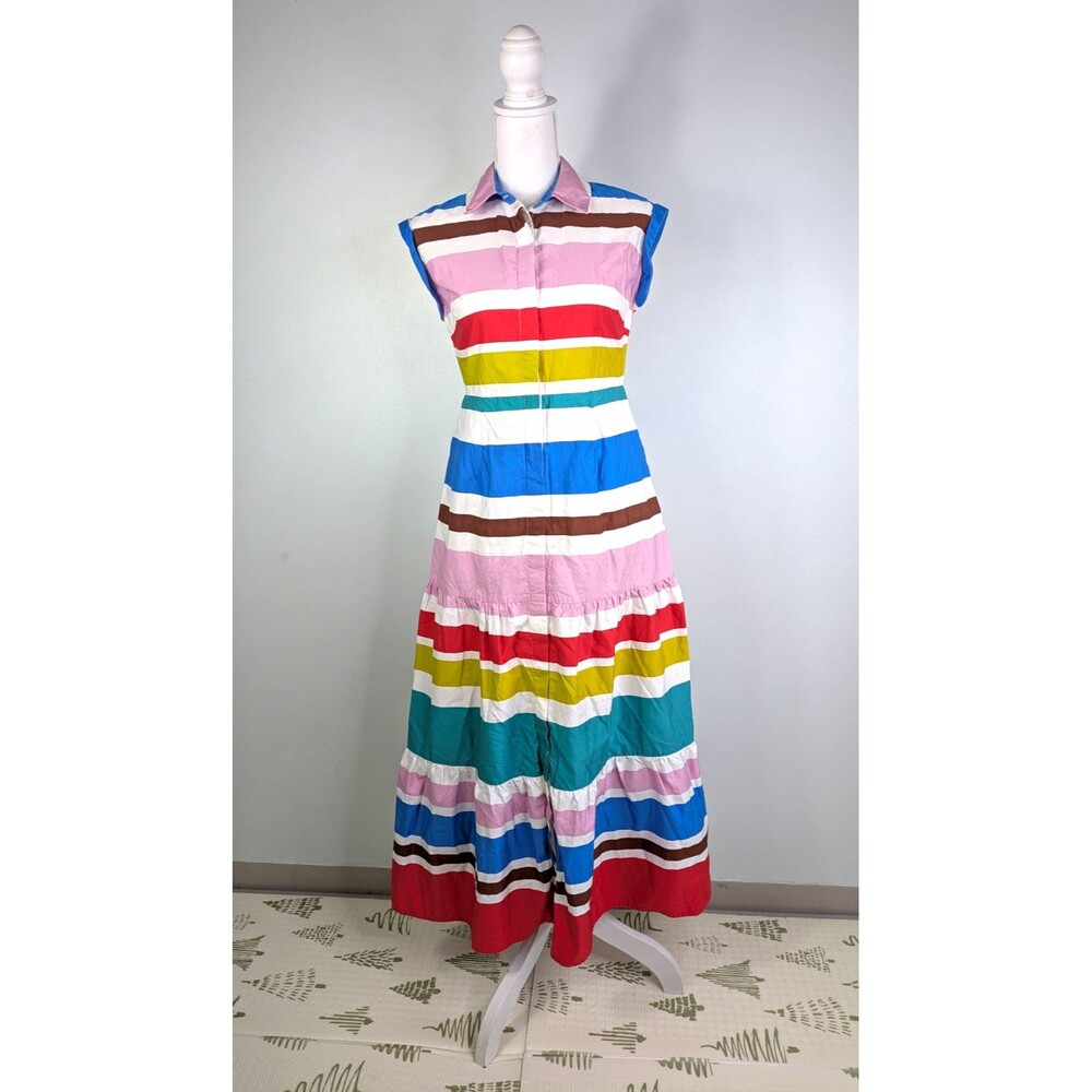 Boden Petite 2P Multi Color Striped Tiered Maxi Shirt Dress Coastal Preppy Chic